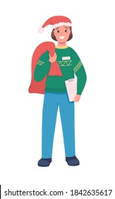 Post office courier with Santa sack flat color vector character. Carrier with Christmas gift bag. Festive holiday delivery isolated cartoon illustration for web graphic design and animation