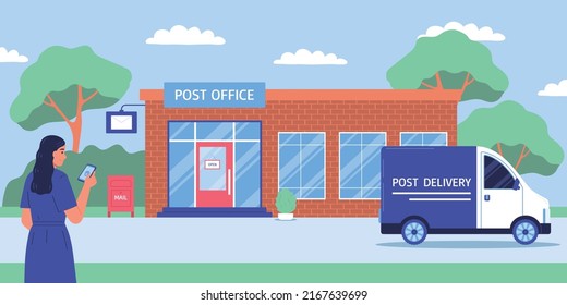 Post office delivery colored composition girl with the phone stands in front of the post office vector illustration