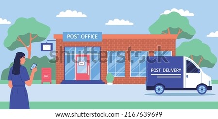 Post office delivery colored composition girl with the phone stands in front of the post office vector illustration