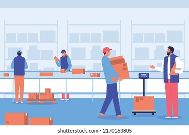 Post office delivery composition workers in the warehouse sort and carry parcels in the building vector illustration - Shutterstock ID 2170163805