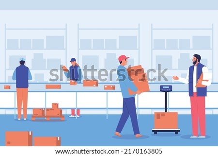 Post office delivery composition workers in the warehouse sort and carry parcels in the building vector illustration