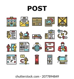 Post Office Delivery Service Icons Set Vector. Truck Transport Parcel And Letter, Post Office Worker And Postman Delivering Envelope Mail And Oversize Box Package Line. Color Illustrations