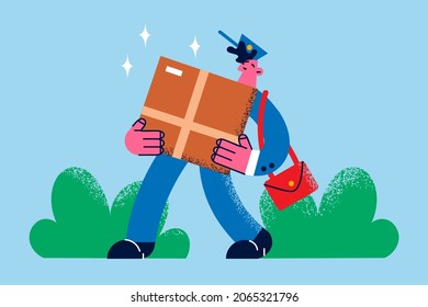 Post office delivery services concept. Young smiling man delivery person postman cartoon character carrying huge parcel in hands vector illustration 