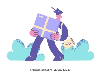 Concepto de servicios de entrega de oficina de correos. Joven hombre sonriente repartidor cartero personaje de dibujos animados llevando enorme paquete en manos Ilustración vectorial