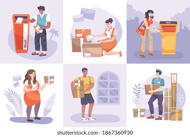 Concepto de diseño de oficina postal con conjunto de composiciones planas con trabajadores postales con paquetes e ilustración vectorial de letras