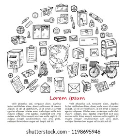 Post office doodle  card template. Hand drawn vector collection. Post and delivery icons.