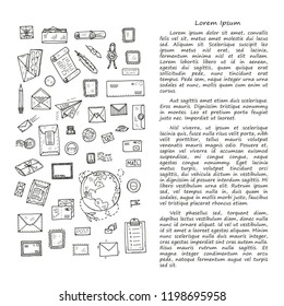 Post office doodle  card template. Hand drawn vector collection. Post and delivery icons.