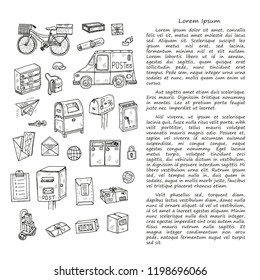 Post office doodle  card template. Hand drawn vector collection. Post and delivery icons.