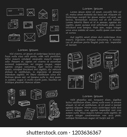 Post office doodle  card template. Hand drawn vector collection. Post and delivery icons.
