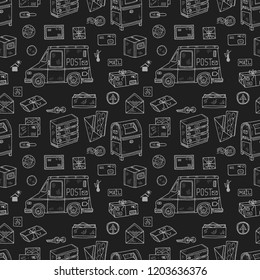 Post office doodle seamless pattern. Hand drawn vector collection. Post and delivery icons.