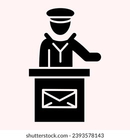 Post office employee glyph icon. Mail man speech on stand with envelope sign. Postal service vector design concept, solid style pictogram on white background, use for web and app. Eps 10