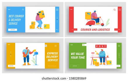 Post Office Employees Website Landing Page Set. Mailman Occupation and Work. Postman Delivering Mail by Scooter, Weigh Parcels, Put Letter into Box Web Page Banner. Cartoon Flat Vector Illustration