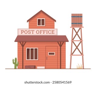 Post office facade, isolated exterior of wild west building. Vector flat cartoon mailing service front view. Landscape with cactus and prairie grass, tower with water tank barrel, typical architecture