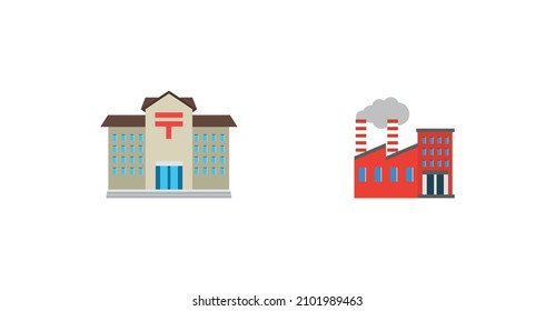 Post Office and Factory vector flat icon. Isolated Japanese Post Office Building and Factory building emoji illustration