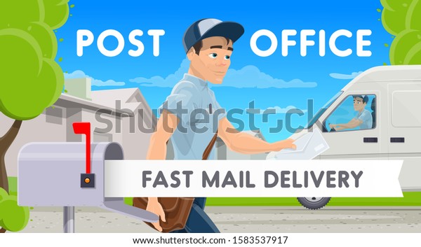 Post office, fast mail delivery, postman near\
postbox. Vector mailman in uniform with postal bag and envelope in\
hands, address delivery outdoors. Shipping mailing by vehicle,\
urban street, letterbox