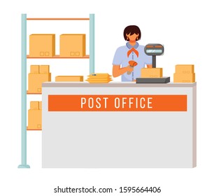 Post office female worker flat color vector illustration. Woman checks and scans packages. Post service delivery. Parcels collection point isolated cartoon character on white background