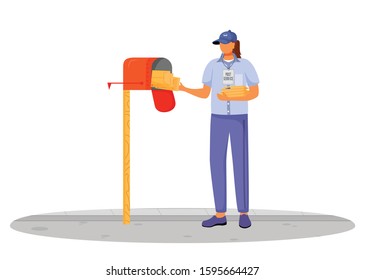 Post office female worker flat color vector illustration. Woman distributes parcels. Post service delivery. Putting letters in mailbox isolated cartoon character on white background