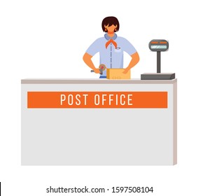 Post office female worker flat color vector illustration. Woman packs and scans packages. Post service delivery process. Parcels collection point isolated cartoon character on white background