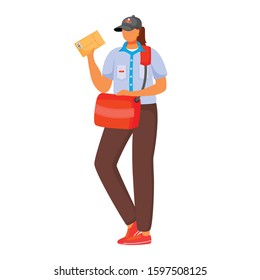 Post office female worker flat color vector illustration. Woman distributes parcels. Post service delivery. Woman in postal uniform and with bag isolated cartoon character on white background