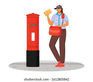 Post office female worker flat color vector illustration. Woman with parcels. Post service delivery. Woman in postal uniform and with bag isolated cartoon character on white background