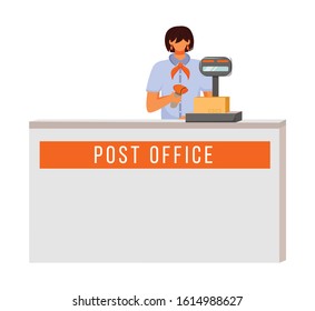Post office female worker flat color vector illustration. Woman checks and scans packages. Post service delivery process. Parcels collection point isolated cartoon character on white background
