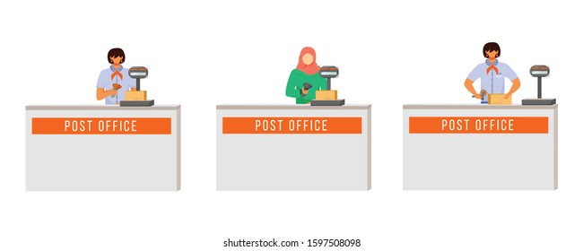 Post office female workers flat color vector illustration set. Woman with hijab scans packages. Post service delivery process. Collection point isolated cartoon character on white background