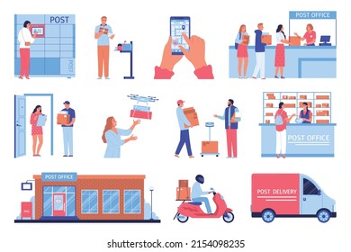 Post office flat icons set with courier delivery and postal terminal systems isolated vector illustration