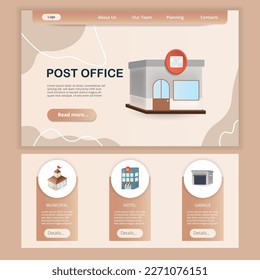 Plantilla del sitio web de la página de aterrizaje plana de la oficina de correos. Municipal, hotel, garaje. Banner web con encabezado, contenido y pie de página. Ilustración vectorial.