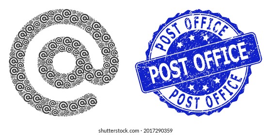Post Office grunge round seal print and vector fractal mosaic email symbol. Blue stamp seal contains Post Office text inside round shape.
