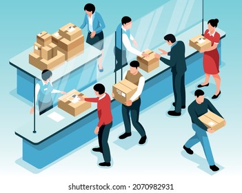 Post office horizontal background with working employees distributing parcels to incoming recipients isometric vector illustration