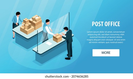 Post office horizontal banner with employee receiving parcel from visitor on post reception isometric vector illustration