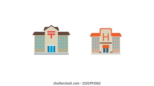 Icono plano de la oficina de correos y del vector del hotel. Oficina de correos japonesa aislada 
y la ilustración emoji del Hotel Building