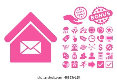 Post Office icon with bonus clip art. Vector illustration style is flat iconic symbols, pink color, white background.