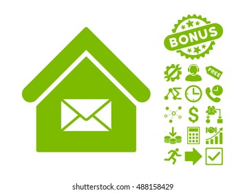 Post Office icon with bonus images. Vector illustration style is flat iconic symbols, eco green color, white background.