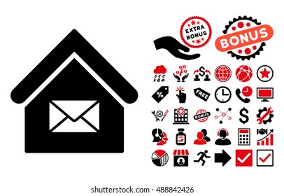 Post Office icon with bonus symbols. Vector illustration style is flat iconic bicolor symbols, intensive red and black colors, white background.
