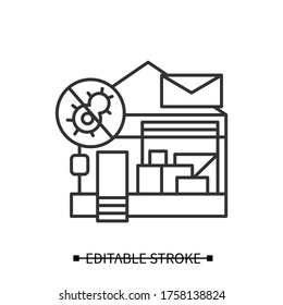 Post office icon. Post building loaded with parcels and stop covid line pictogram. Concept of safe mail delivery during corona virus disease pandemic. Editable stroke vector illustration