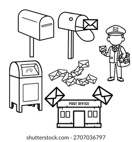 Icono de la oficina de correos que consiste en una colección de cartas, buzón, oficina de correos y portador de cartas