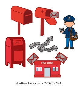 Um ícone de correio que consiste em uma coleção de cartas, uma caixa de correio, uma agência de correio e uma operadora de correio. Cada imagem apresenta uma combinação de vermelho, cinza e azul.