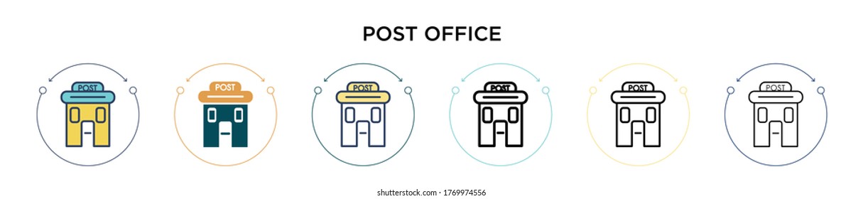 Post office icon in filled, thin line, outline and stroke style. Vector illustration of two colored and black post office vector icons designs can be used for mobile, ui, web