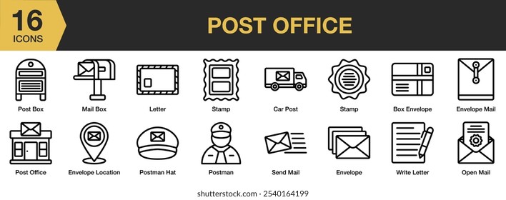Post Office icon set. Includes letter, post box, postman, send, stamp, and More. Outline icons vector collection.