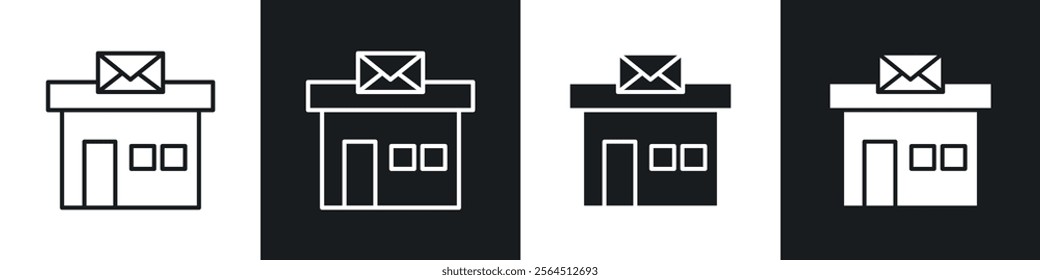 Post office icons collection in black filled and line style.