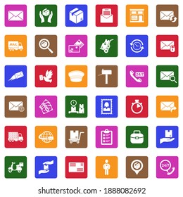 Post Office Icons. White Flat Collection In Square. Vector Illustration.