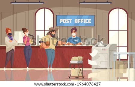 Post office interior cartoon composition customers queue waiting for counter clerk accepting payments letters parcels vector illustration