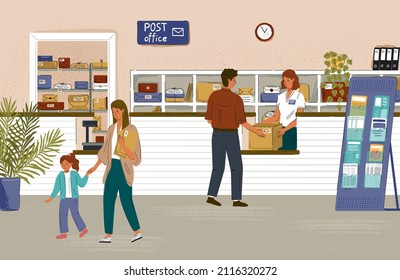 Post office interior concept vector posters. Woman gives parcel to customer in post office. Shelves with cardboard packages and mail envelops