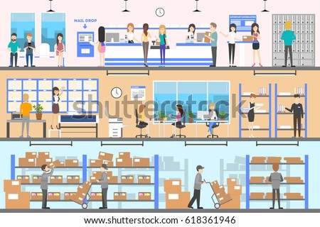 Post office interior set. Delivering and sending the mails and parcels.