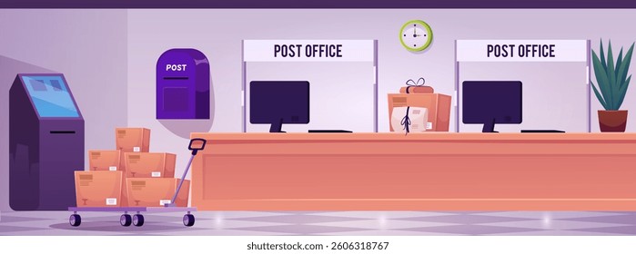 Post office interior vector flat illustration. Cart with boxes, computer, mailbox, self-service terminal, letter and parcels. Cartoon delivery and logistics services room with desk
