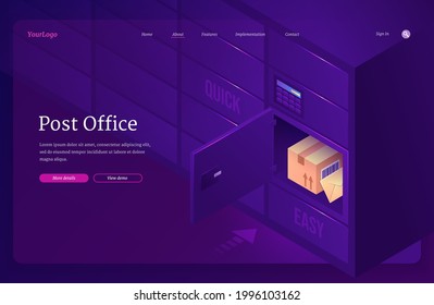 Post office isometric landing page, mail parcel and envelope lying in postamat or locker with digital panel for password. Safe, quick and easy postal delivery, smart self-service, 3d vector web banner