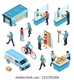 Post office isometric set with working staff postman courier correspondence recipients characters isolated vector illustration 