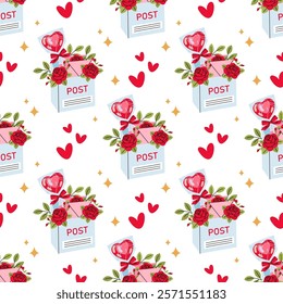 Post Office. Letterbox, red rose, lollipop. Seamless pattern for textile, wrapping paper, background.	