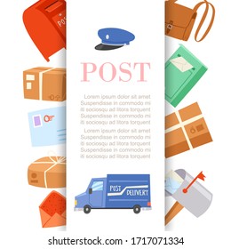 Post office letters and parcels delivery service poster with postal card, postmans cap and truck cartoon vector illustration. Post-office service background.